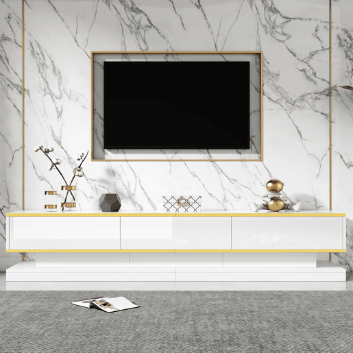 Móvel de TV 200x40x40 cm - Lowboard com 3 gavetas - Branco quente com borda dourada