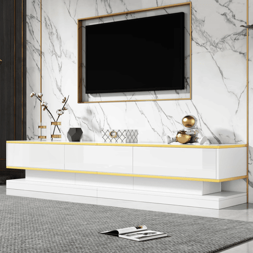Móvel de TV 200x40x40 cm - Lowboard com 3 gavetas - Branco quente com borda dourada