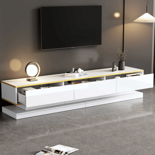 Móvel de TV 200x40x40 cm - Lowboard com 3 gavetas - Branco quente com borda dourada