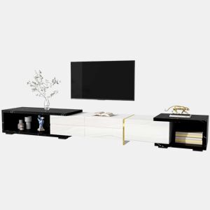 Suporte de TV ajustável em comprimento (140-260 cm) - 3 portas com dobradiças - aspeto de mármore preto - Preto e branco