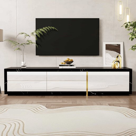 Suporte de TV ajustável em comprimento (140-260 cm) - 3 portas com dobradiças - aspeto de mármore preto - Preto e branco Suporte de TV ajustável em comprimento (140-260 cm) - 3 portas com dobradiças - aspeto de mármore preto - Preto e branco