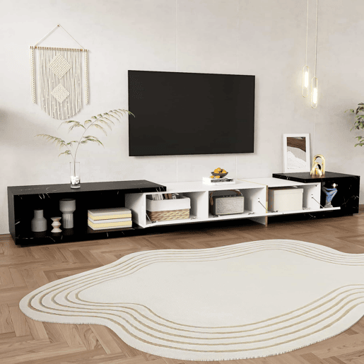 Suporte de TV ajustável em comprimento (140-260 cm) - 3 portas com dobradiças - aspeto de mármore preto - Preto e branco Suporte de TV ajustável em comprimento (140-260 cm) - 3 portas com dobradiças - aspeto de mármore preto - Preto e branco