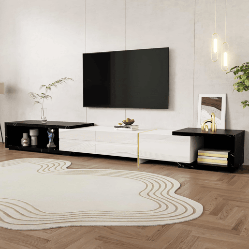 Suporte de TV ajustável em comprimento (140-260 cm) - 3 portas com dobradiças - aspeto de mármore preto - Preto e branco Suporte de TV ajustável em comprimento (140-260 cm) - 3 portas com dobradiças - aspeto de mármore preto - Preto e branco
