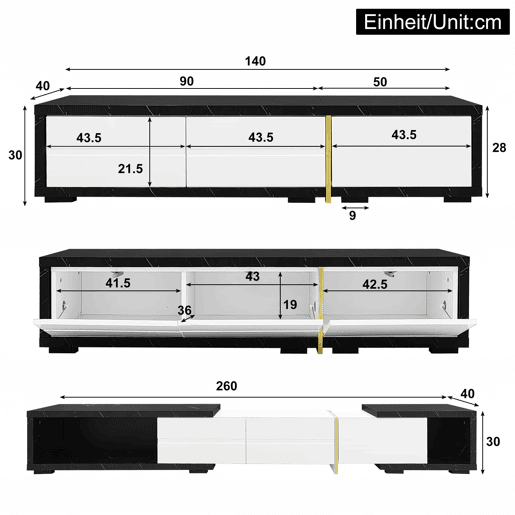 Suporte de TV ajustável em comprimento (140-260 cm) - 3 portas com dobradiças - aspeto de mármore preto - Preto e branco Suporte de TV ajustável em comprimento (140-260 cm) - 3 portas com dobradiças - aspeto de mármore preto - Preto e branco