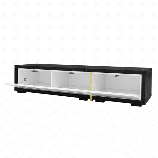 Suporte de TV ajustável em comprimento (140-260 cm) - 3 portas com dobradiças - aspeto de mármore preto - Preto e branco Suporte de TV ajustável em comprimento (140-260 cm) - 3 portas com dobradiças - aspeto de mármore preto - Preto e branco