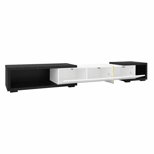 Suporte de TV ajustável em comprimento (140-260 cm) - 3 portas com dobradiças - aspeto de mármore preto - Preto e branco Suporte de TV ajustável em comprimento (140-260 cm) - 3 portas com dobradiças - aspeto de mármore preto - Preto e branco