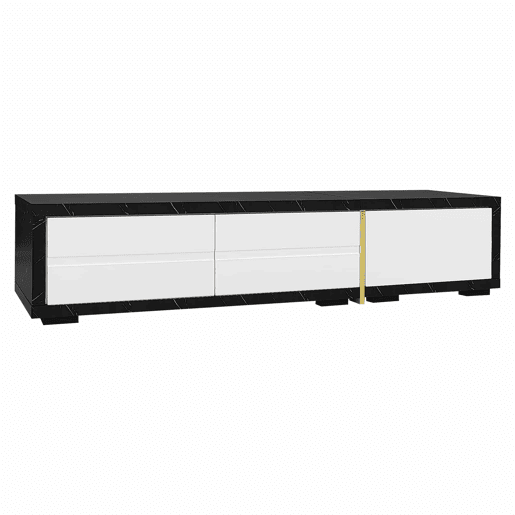 Suporte de TV ajustável em comprimento (140-260 cm) - 3 portas com dobradiças - aspeto de mármore preto - Preto e branco Suporte de TV ajustável em comprimento (140-260 cm) - 3 portas com dobradiças - aspeto de mármore preto - Preto e branco