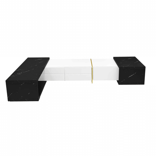 Suporte de TV ajustável em comprimento (140-260 cm) - 3 portas com dobradiças - aspeto de mármore preto - Preto e branco Suporte de TV ajustável em comprimento (140-260 cm) - 3 portas com dobradiças - aspeto de mármore preto - Preto e branco