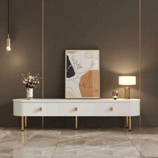 Móvel TV moderno - 3 gavetas com pegas e pernas douradas - Branco Móvel TV moderno - 3 gavetas com pegas e pernas douradas - Branco