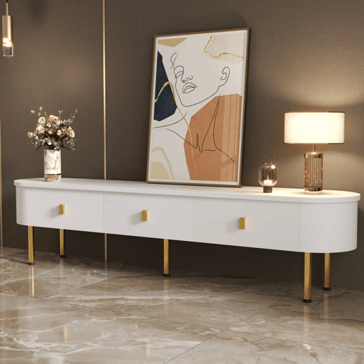 Móvel TV moderno - 3 gavetas com pegas e pernas douradas - Branco Móvel TV moderno - 3 gavetas com pegas e pernas douradas - Branco