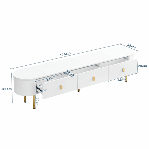Móvel TV moderno - 3 gavetas com pegas e pernas douradas - Branco Móvel TV moderno - 3 gavetas com pegas e pernas douradas - Branco