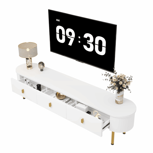 Móvel TV moderno - 3 gavetas com pegas e pernas douradas - Branco Móvel TV moderno - 3 gavetas com pegas e pernas douradas - Branco