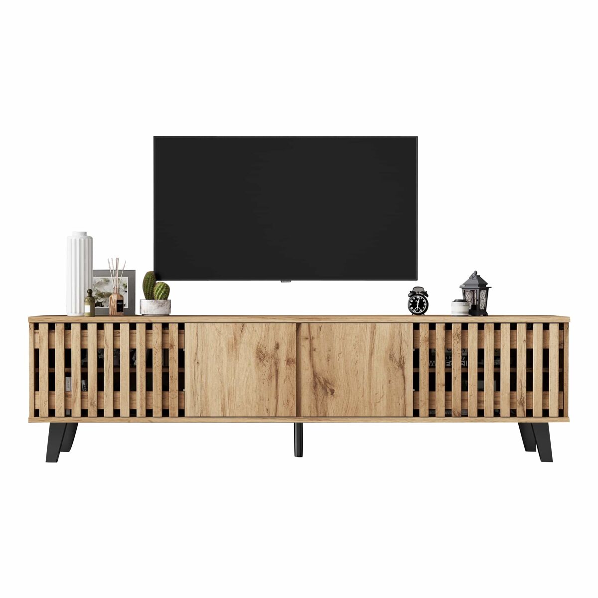 mueble tv 180x40x55 cm - 8 compartimentos soporte para tv centro de entretenimiento - color madera original