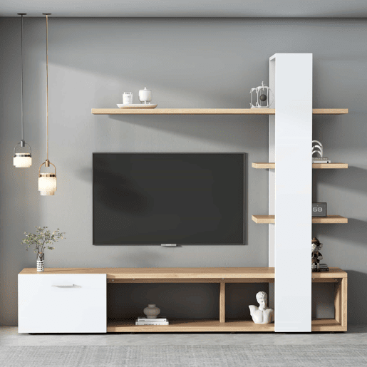 Armário para televisão com arrumação - 3 compartimentos e 3 prateleiras - Branco e Natural