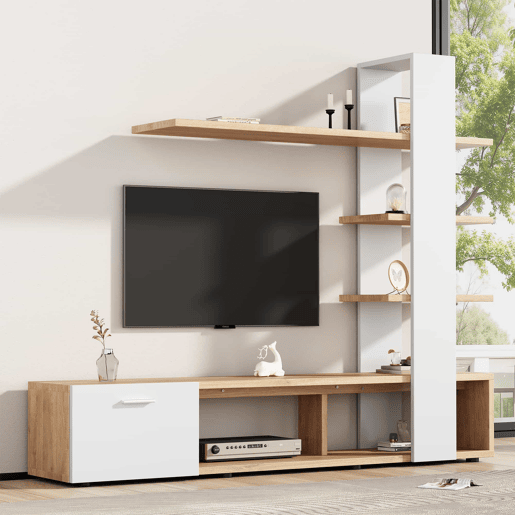 Armário para televisão com arrumação - 3 compartimentos e 3 prateleiras - Branco e Natural