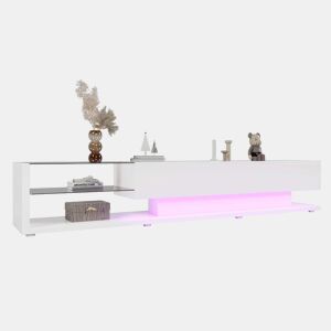 Suporte de TV 170cm com LED e ecrã de vidro - 2 gavetas - Branco