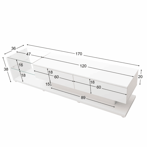 Suporte de TV 170cm com LED e ecrã de vidro - 2 gavetas - Branco