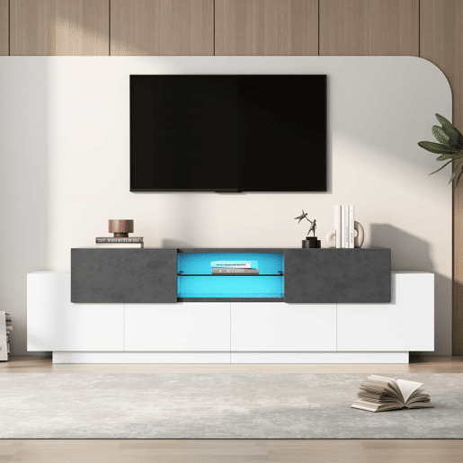 Móvel para TV LED 8075706555 polegadas - Centro de entretenimento moderno com prateleiras de vidro, arrumação - Branco+Cinza Móvel para TV LED 8075706555 polegadas - Centro de entretenimento moderno com prateleiras de vidro, arrumação - Branco+Cinza