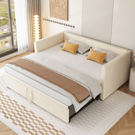 Cama de rodízio de veludo com estrado de ripas - 90180x200cm - Bege