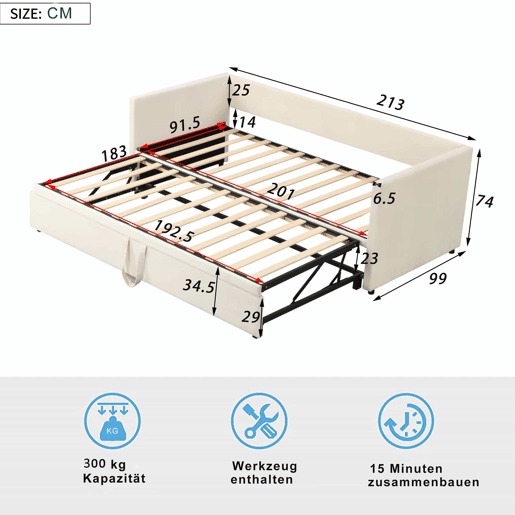 Cama de rodízio de veludo com estrado de ripas - 90180x200cm - Bege