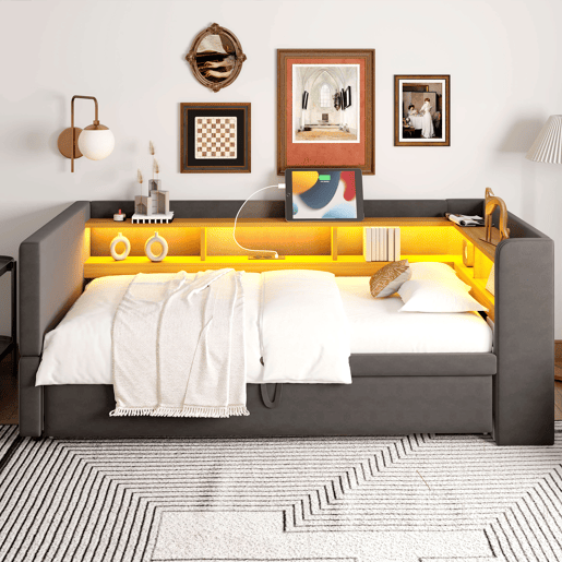 Sofá-cama extensível 90180*190 cm - com luzes LED, tomadas e compartimentos de arrumação - Cinza escuro