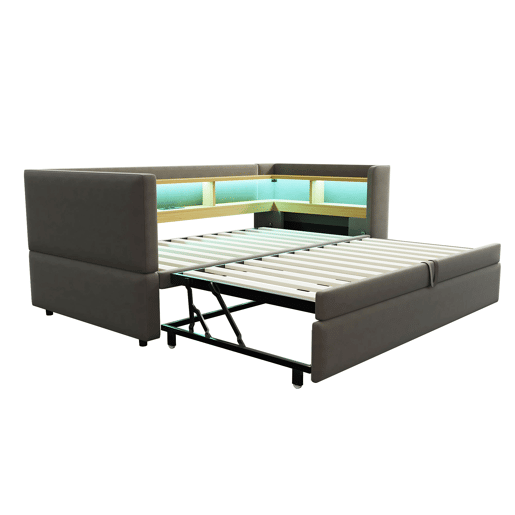 Sofá-cama extensível 90180*190 cm - com luzes LED, tomadas e compartimentos de arrumação - Cinza escuro