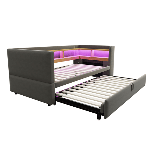Sofá-cama extensível 90180*190 cm - com luzes LED, tomadas e compartimentos de arrumação - Cinza escuro