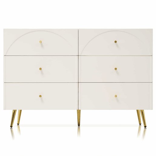 Cómoda com 6 gavetas - pés dourados - em aglomerado de madeira - Branco Cómoda com 6 gavetas - pés dourados - em aglomerado de madeira - Branco