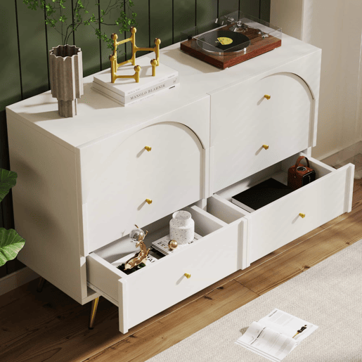 Cómoda com 6 gavetas - pés dourados - em aglomerado de madeira - Branco Cómoda com 6 gavetas - pés dourados - em aglomerado de madeira - Branco