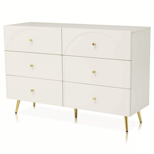 Cómoda com 6 gavetas - pés dourados - em aglomerado de madeira - Branco Cómoda com 6 gavetas - pés dourados - em aglomerado de madeira - Branco