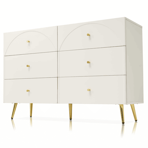 Cómoda com 6 gavetas - pés dourados - em aglomerado de madeira - Branco Cómoda com 6 gavetas - pés dourados - em aglomerado de madeira - Branco