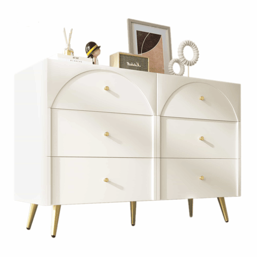 Cómoda com 6 gavetas - pés dourados - em aglomerado de madeira - Branco Cómoda com 6 gavetas - pés dourados - em aglomerado de madeira - Branco