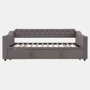 Sofá-cama 90180*190 cm - Braço mais largo e espesso com porta USB, armazenamento integrado nos braços, com bolsos, com estrado - Cinza escuro