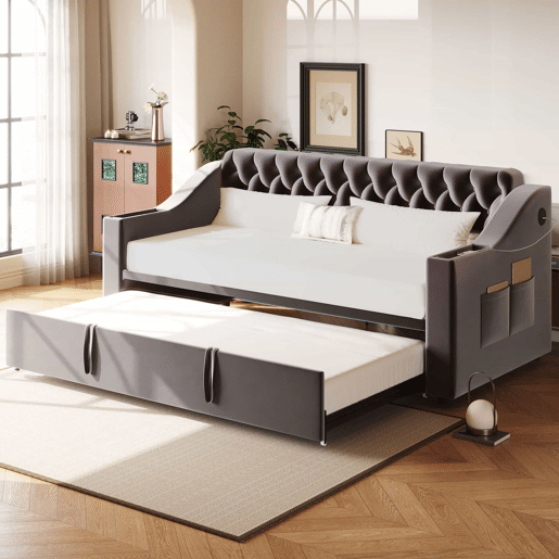 Sofá-cama 90180*190 cm - Braço mais largo e espesso com porta USB, armazenamento integrado nos braços, com bolsos, com estrado - Cinza escuro