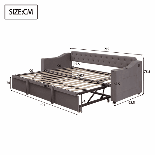 Sofá-cama 90180*190 cm - Braço mais largo e espesso com porta USB, armazenamento integrado nos braços, com bolsos, com estrado - Cinza escuro