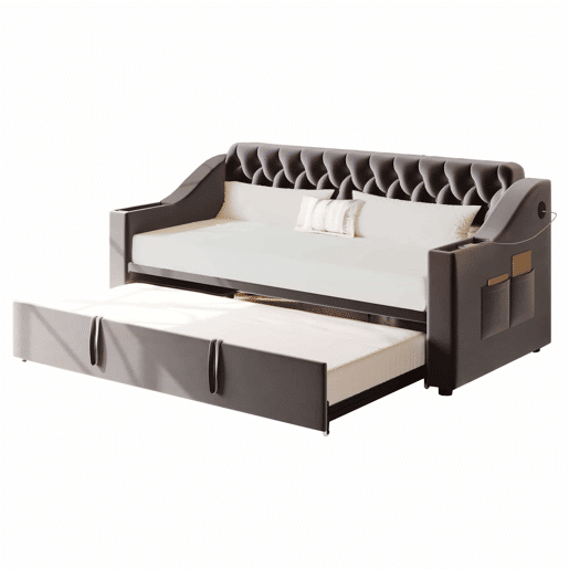 Sofá-cama 90180*190 cm - Braço mais largo e espesso com porta USB, armazenamento integrado nos braços, com bolsos, com estrado - Cinza escuro