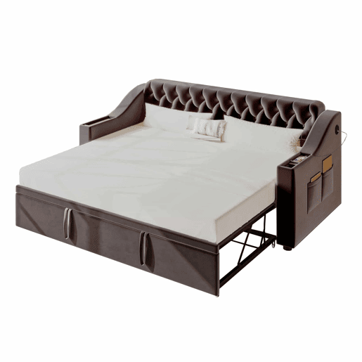 Sofá-cama 90180*190 cm - Braço mais largo e espesso com porta USB, armazenamento integrado nos braços, com bolsos, com estrado - Cinza escuro