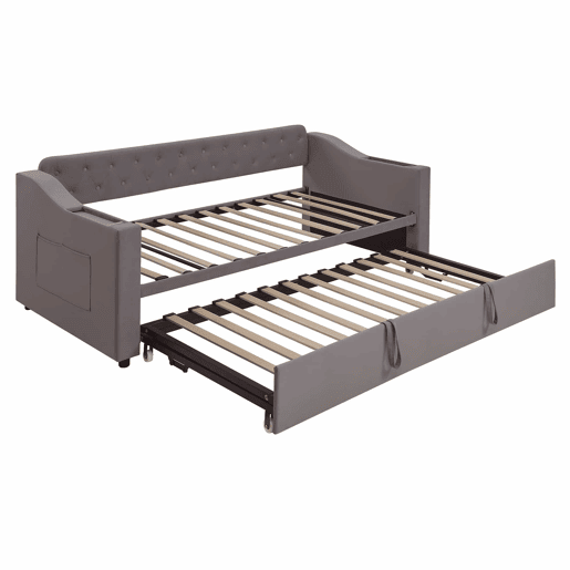 Sofá-cama 90180*190 cm - Braço mais largo e espesso com porta USB, armazenamento integrado nos braços, com bolsos, com estrado - Cinza escuro
