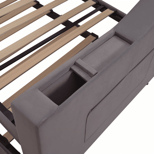 Sofá-cama 90180*190 cm - Braço mais largo e espesso com porta USB, armazenamento integrado nos braços, com bolsos, com estrado - Cinza escuro