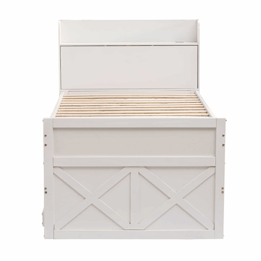 Cama de rodízio em madeira maciça - 90x190cm - com 2 gavetas e porta de carregamento USB na prateleira - Branco