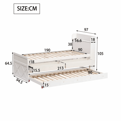 Cama de rodízio em madeira maciça - 90x190cm - com 2 gavetas e porta de carregamento USB na prateleira - Branco