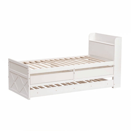 Cama de rodízio em madeira maciça - 90x190cm - com 2 gavetas e porta de carregamento USB na prateleira - Branco