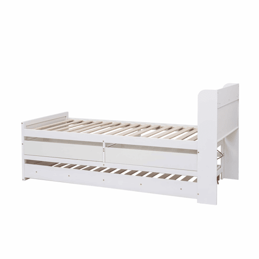Cama de rodízio em madeira maciça - 90x190cm - com 2 gavetas e porta de carregamento USB na prateleira - Branco