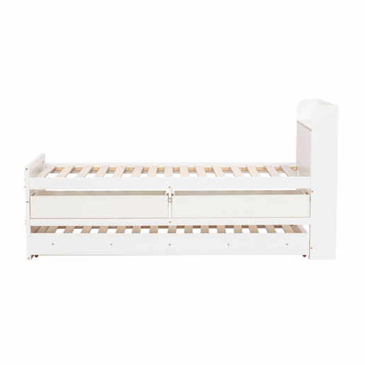 Cama de rodízio em madeira maciça - 90x190cm - com 2 gavetas e porta de carregamento USB na prateleira - Branco