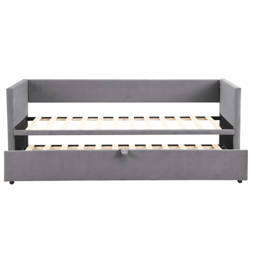 Cama de rodízio de veludo com estrado de ripas - 90180x200cm - Cinzento claro