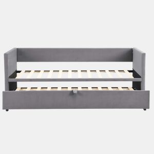 Cama de rodízio de veludo com estrado de ripas - 90180x200cm - Cinzento claro