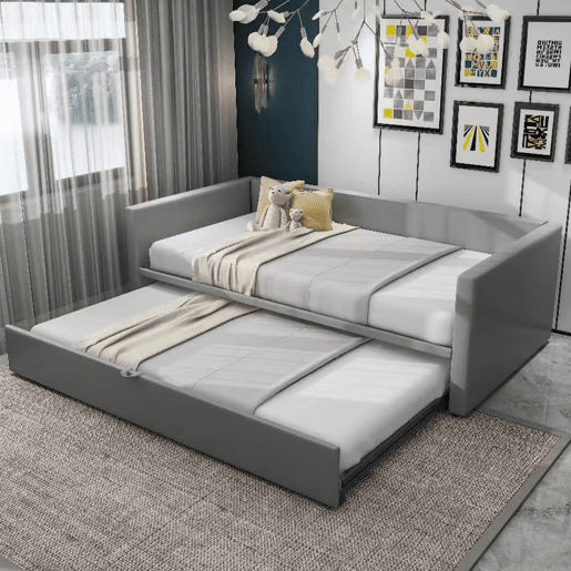 Cama de rodízio de veludo com estrado de ripas - 90180x200cm - Cinzento claro