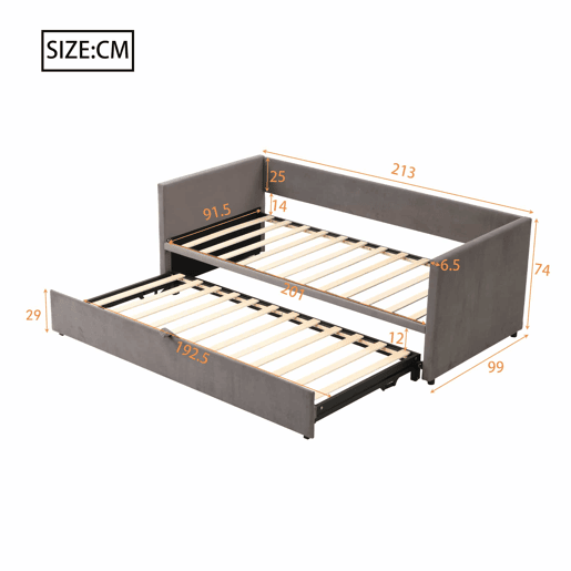 Cama de rodízio de veludo com estrado de ripas - 90180x200cm - Cinzento claro