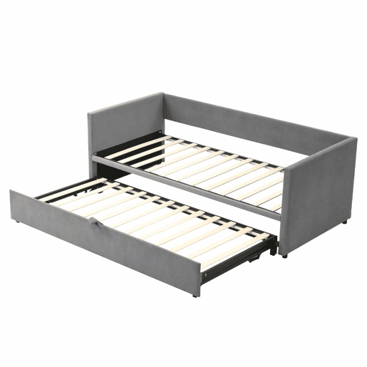 Cama de rodízio de veludo com estrado de ripas - 90180x200cm - Cinzento claro