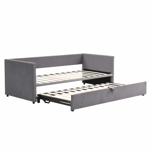 Cama de rodízio de veludo com estrado de ripas - 90180x200cm - Cinzento claro